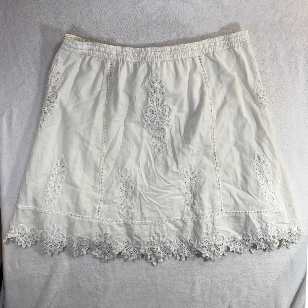 LRL XL White Knee-Length Skirt Bow Cotton Lace Embroidery Boho Fairy Cottage 70s - Picture 2 of 9